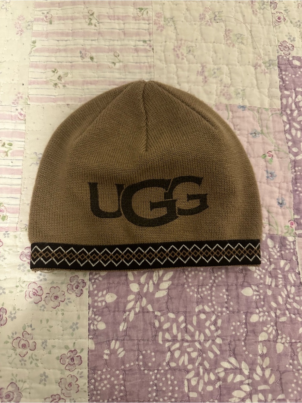 UGG Brown Knit Beanie with Patterned Trim